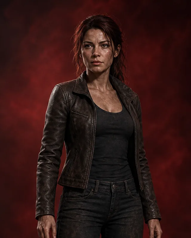 Astra, a woman in a weathered leather jacket with dark auburn hair tied back